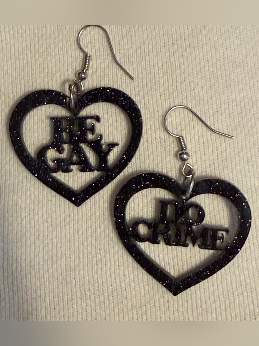 Black Glitter Heart Earrings with 'Be Gay Do Crime' Pride LGBT